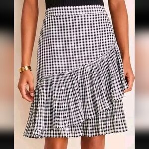 Ann Taylor Gingham Pleated Flounce Skirt Black White Size 4